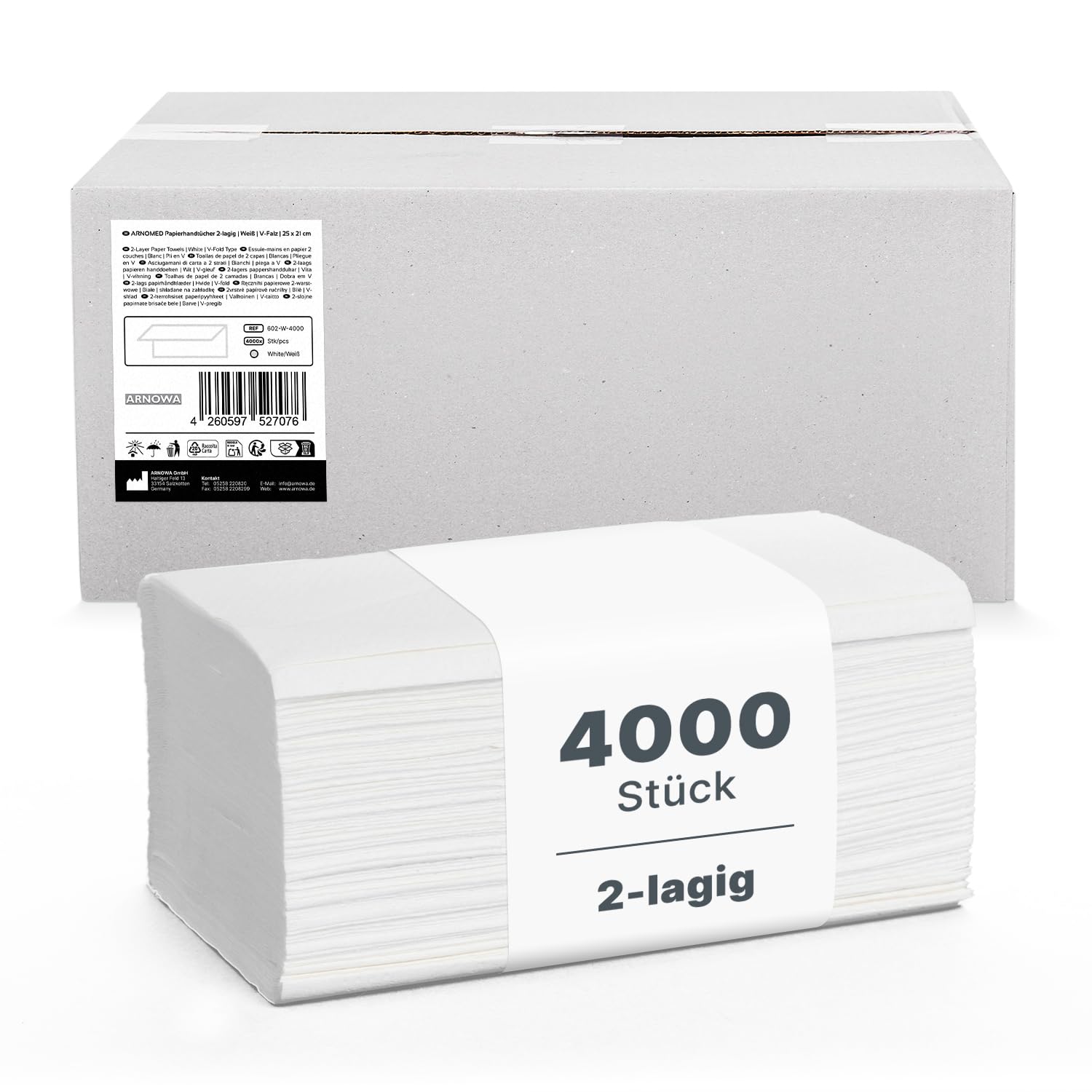 61wPsCcjmL._SY1500_.jpg ARNOMED Papierhandtücher 4000er Pack – 2-lagig, ZZ-Falz, 25x23cm, Recycelt – Bild 1