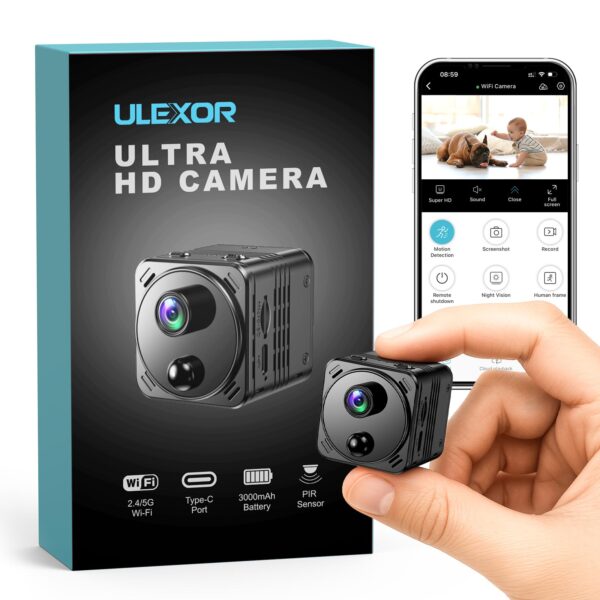 ULEXOR 4K Mini Überwachungskamera – WiFi, PIR-Bewegungserkennung & 150-Tage-Akku