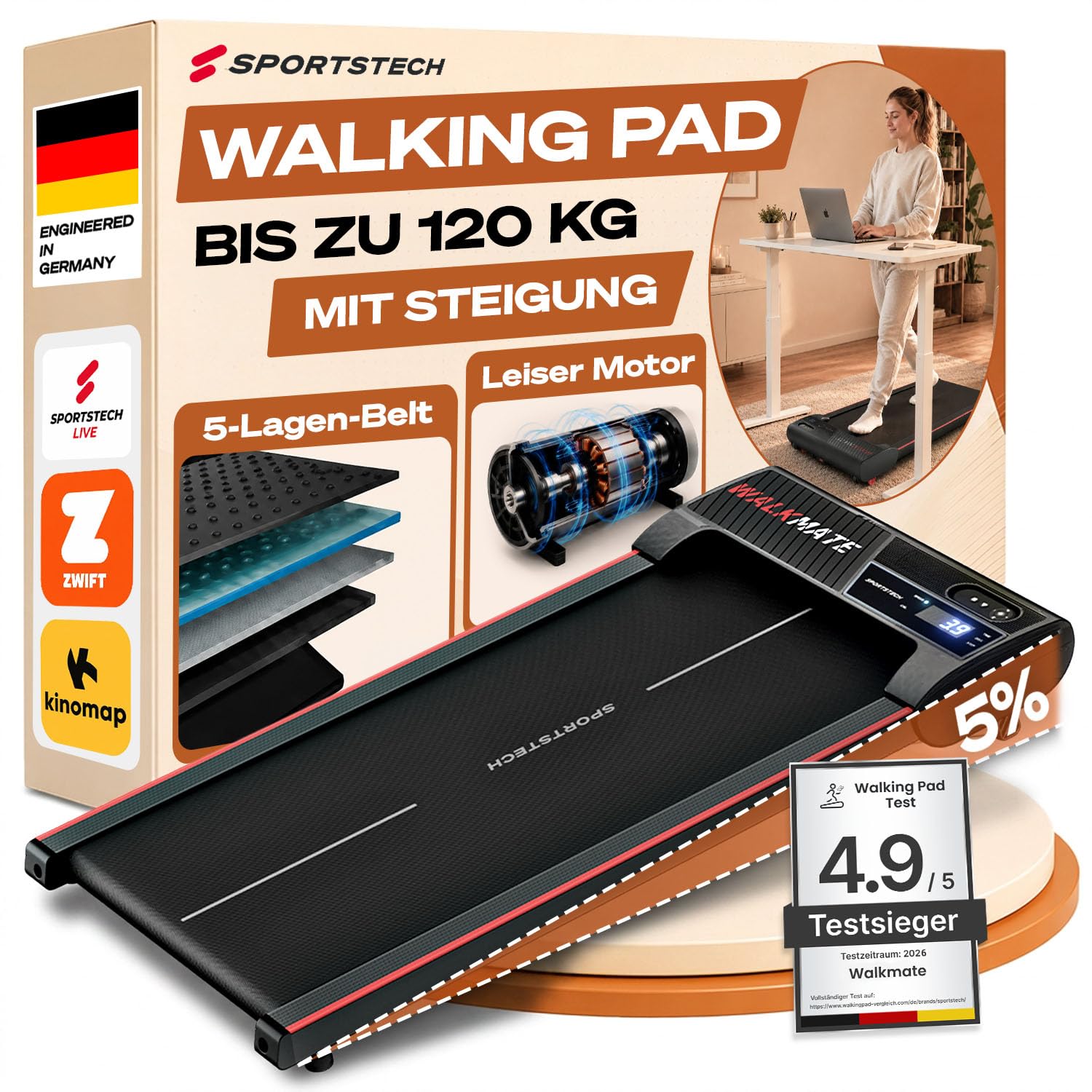 71-S6Zd3yLL._SY1500_.jpg Sportstech WalkMate Walking Pad – Klappbares Laufband mit Steigung für Home Office bis 120 kg – Bild 1