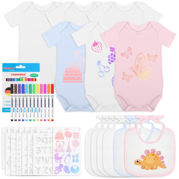 Aragallant Baby Malset mit 6 Bodys & 6 Lätzchen zum Bemalen – DIY Babyparty Kreativset