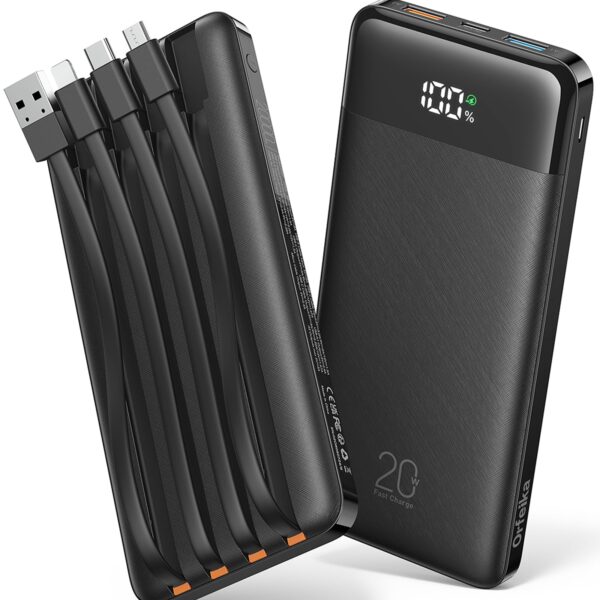 Orfeika 20000mAh Powerbank mit 4 Kabeln – 20W PD-Schnellladung für iPhone, Galaxy & mehr