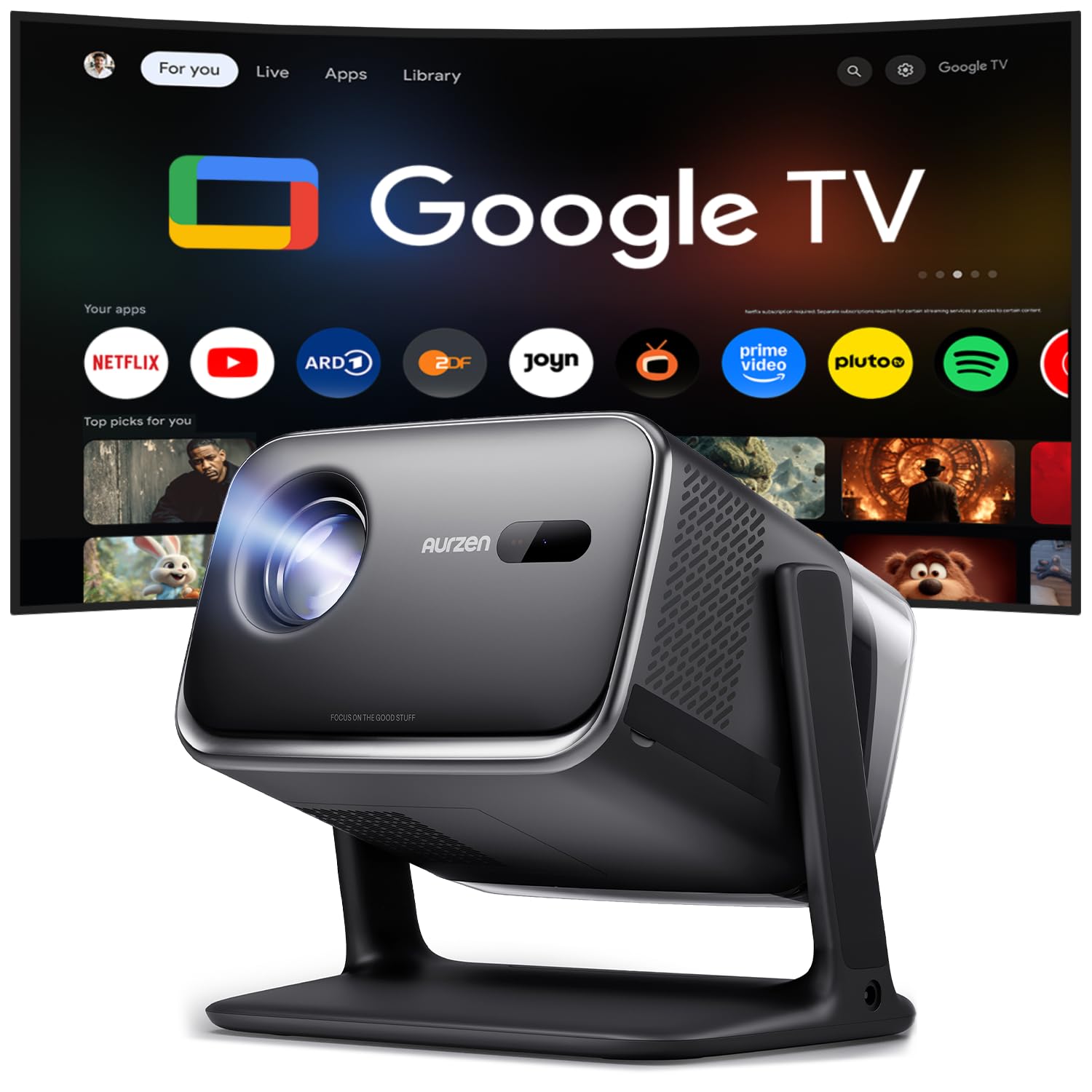 7119HuJfLAL._SY1500_.jpg Aurzen Boom Mini 4-in-1 Smart Beamer – 500 ANSI Lumen, Google TV & 4K für Heimkino – Bild 1