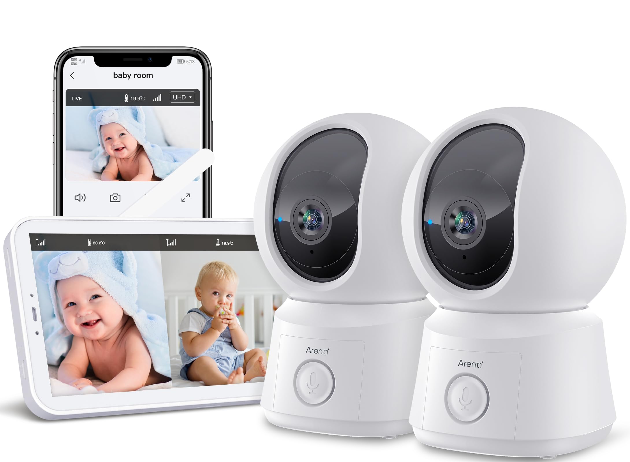 711PjAiChQL._SY1600_.jpg ARENTI Babyphone mit 2 Kameras & 5" Display – 1080P PTZ mit App, Nachtsicht & Automatischer Verfolgung – Bild 1
