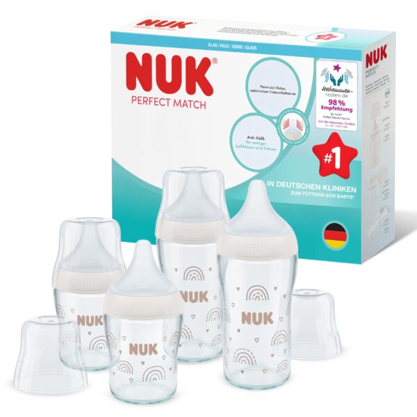 NUK Perfect Match Glas-Babyflaschenset 120 ml & 230 ml – Adaptive Babyflasche ab 3 Monate