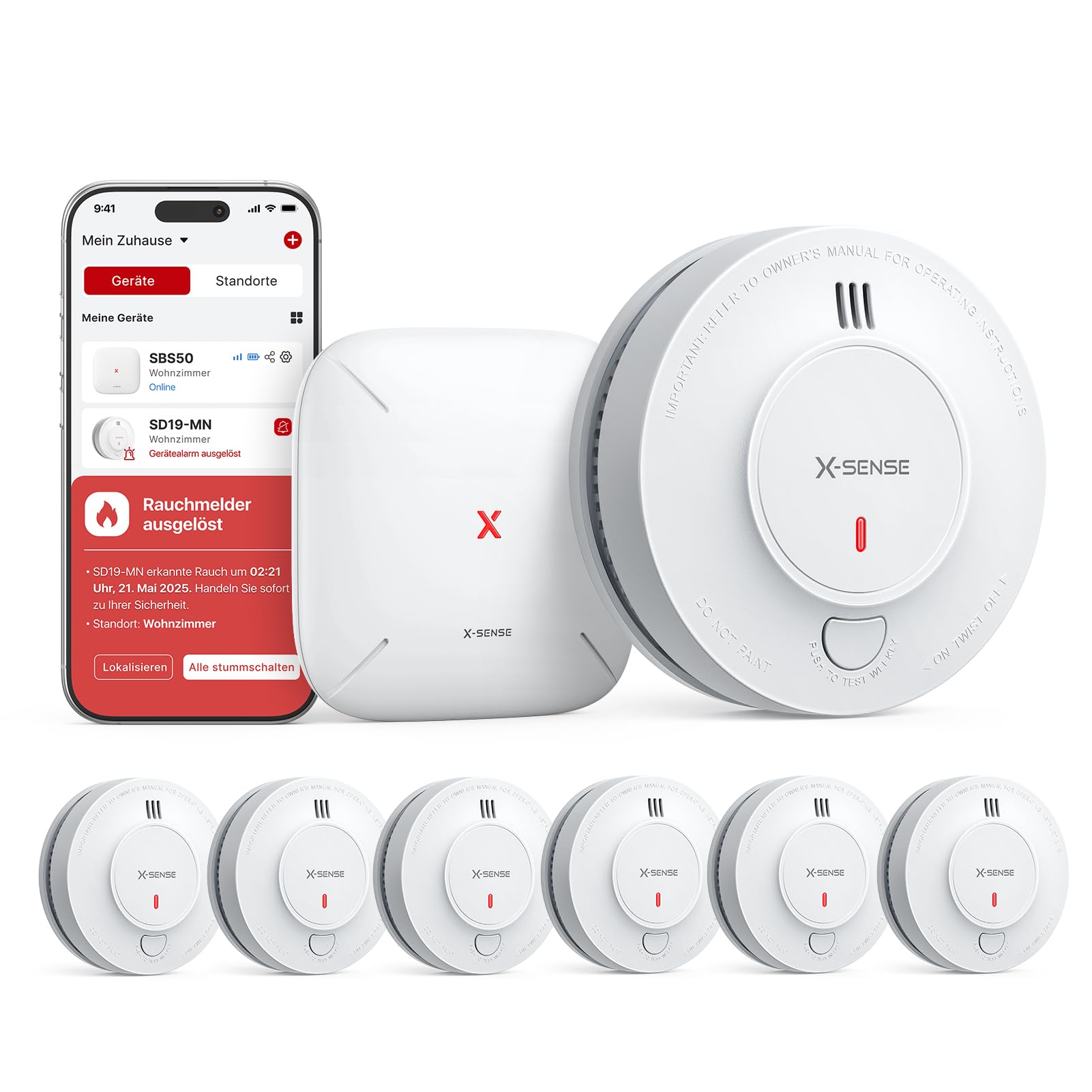 711o9gTf4iL._SY1601_.jpg X-Sense Smart WLAN-Rauchmelder 6er Set mit 10-Jahres-Batterie & SBS50 – TÜV zertifiziert – Bild 1