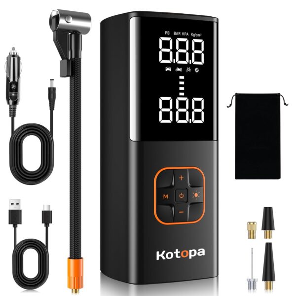 Kotopa Elektrische Luftpumpe 150 PSI – Akku Kompressor mit Powerbank für Auto, Fahrrad & Motorrad
