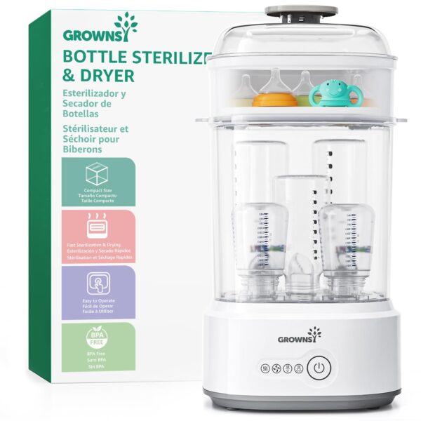 GROWNSY 5-in-1 Babyflaschen-Sterilisator mit Trocknerfunktion – 8 Min. Dampfsterilisation