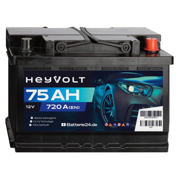 HeyVolt Autobatterie 12V 75Ah 720A/EN – Wartungsfreie Starterbatterie für zuverlässige Motorstarts
