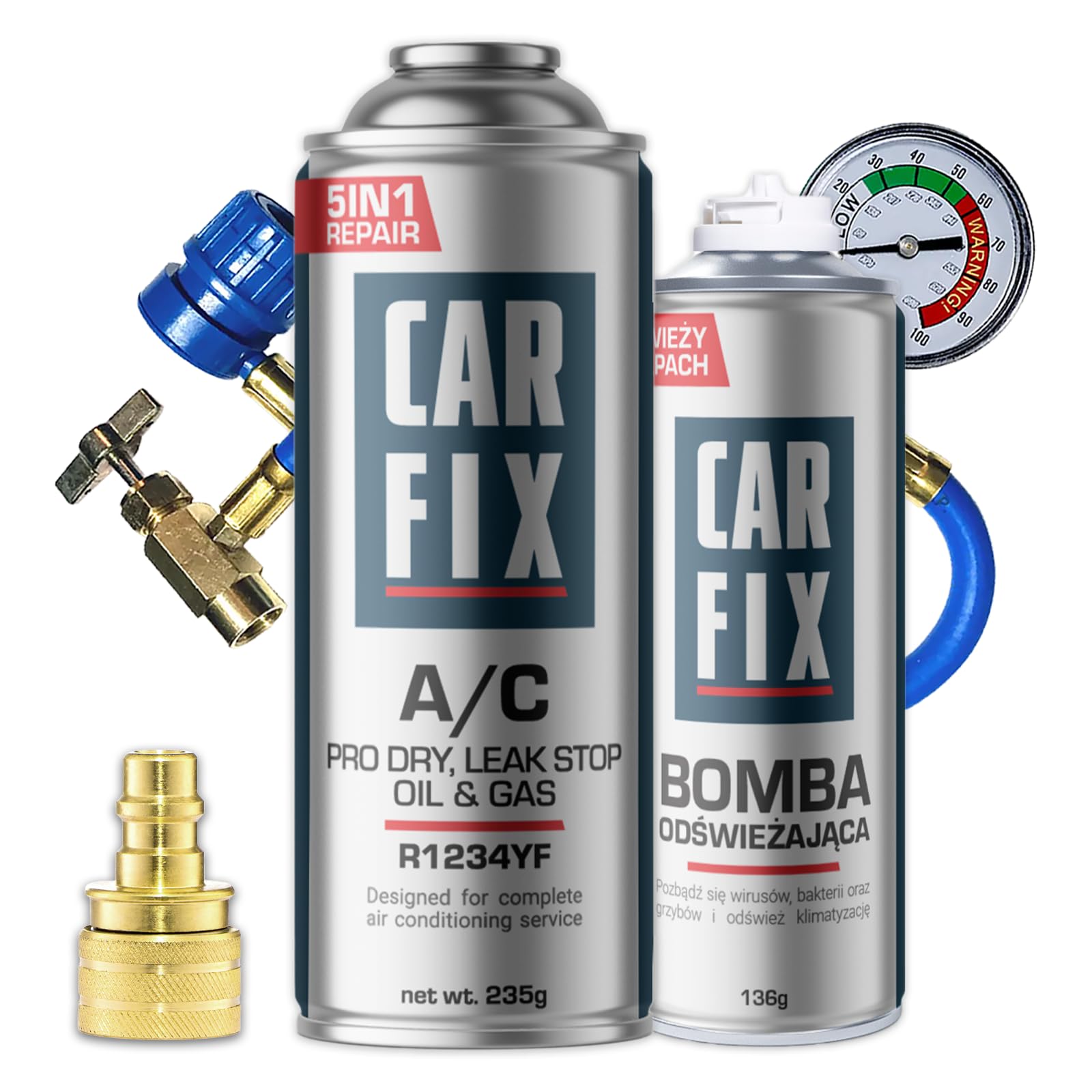 713b-8a3hDL._SY1600_.jpg CARFIX 5in1 R1234YF Klimaanlage Nachfüllset 235g – All-in-One Kältemittel für Auto & Wohnmobil – Bild 1