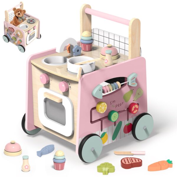 Itslife Lauflernwagen Holz 9-in-1 – Lauflernhilfe mit Spielküche & Montessori Spielzeug
