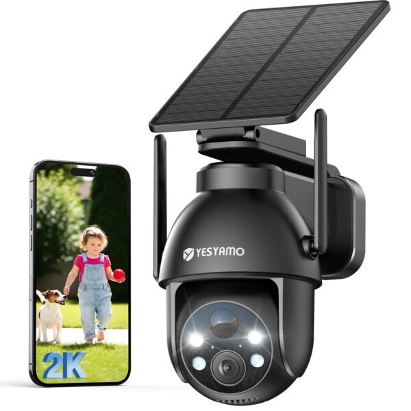 YESYAMO 2K Überwachungskamera Aussen mit Akku & Solarpanel – 355° Pan-Tilt WLAN Kamera