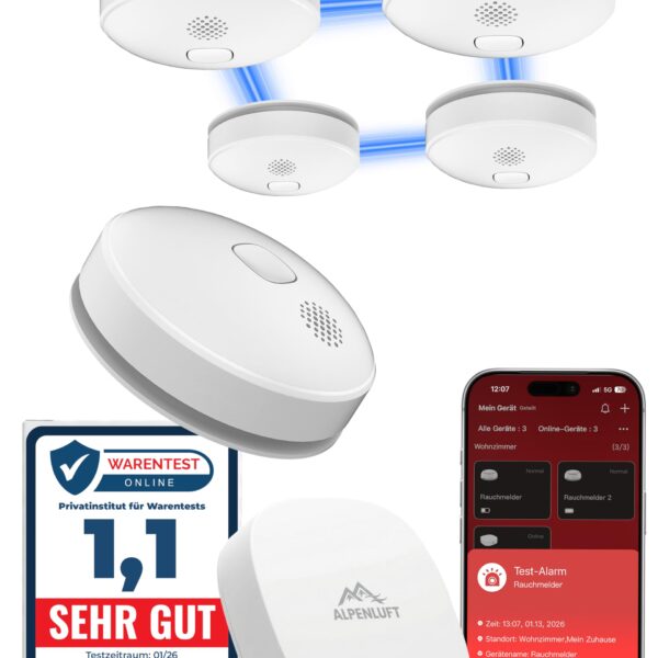 ALPENLUFT Rauchmelder 5er Set mit Smart Hub – 10 Jahre Batterie, Funkvernetzt & App-Benachrichtigungen