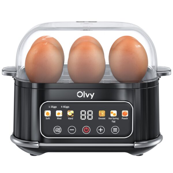 Olvy 6-Eier Eierkocher 6-in-1 – Automatischer Eierkocher mit LCD-Timer & Dampfgarer