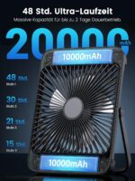 Warmco D4 Akku Camping Ventilator 20000mAh – 48h Laufzeit mit LED & Haken – Bild 2