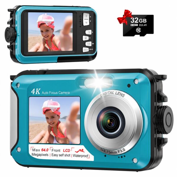 Yixinxin 4K Unterwasserkamera 64MP mit Dual-Screen – Wasserdicht bis 16m für Schnorcheln
