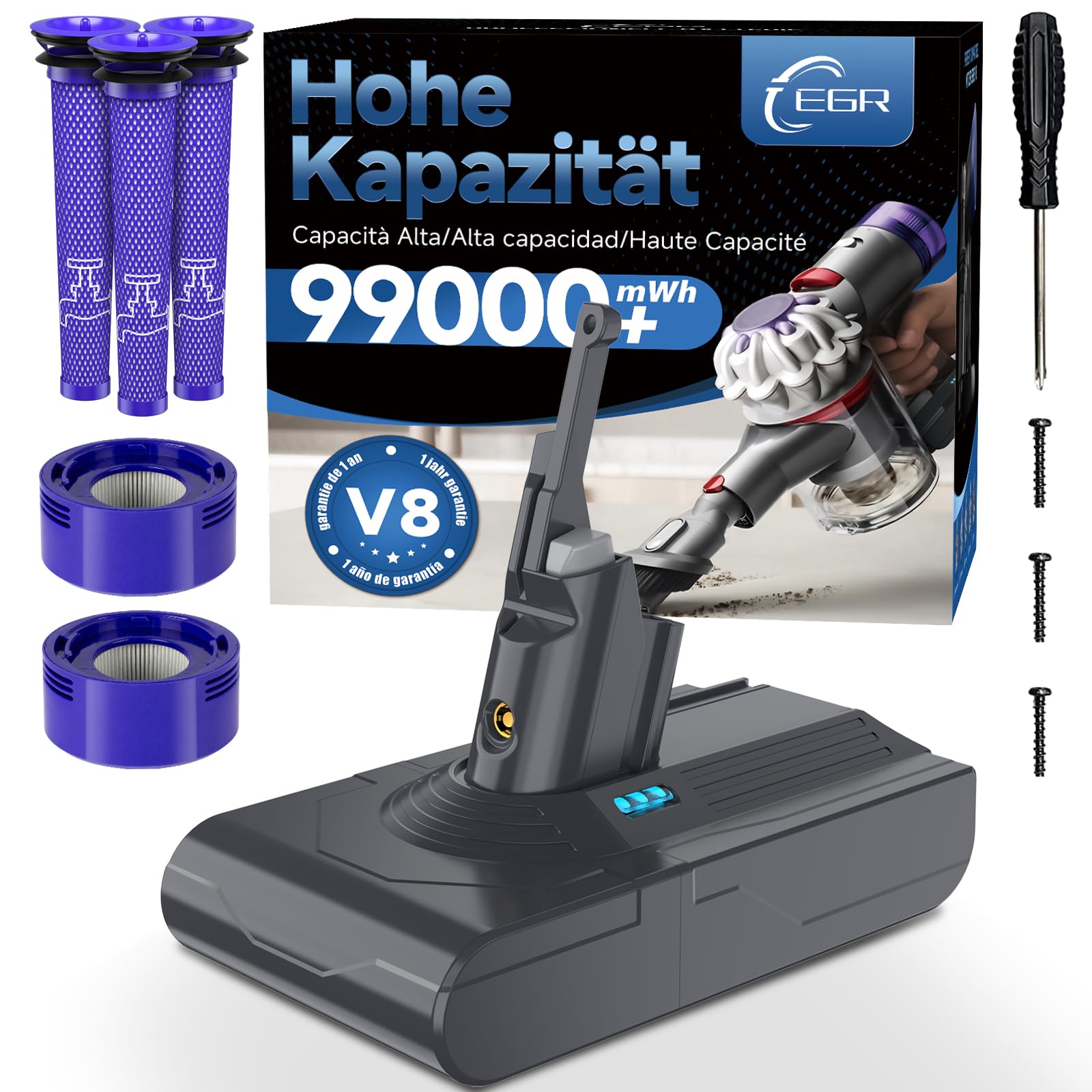 717qjkOJbL._SY1600_.jpg EGR V8 Ersatzakku für Dyson V8 Absolute/Animal/Motorhead/Fluffy – Hochkapazität mit Schutzfunktionen – Bild 1
