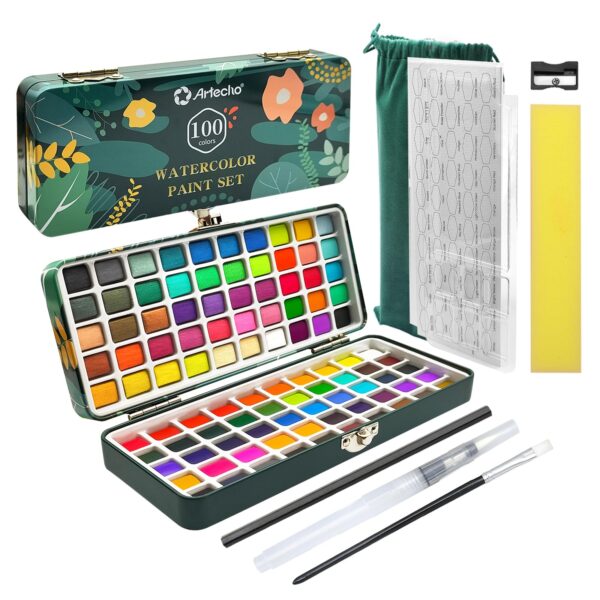 Artecho Aquarellfarben Set 100 Farben – Komplett-Set mit Pinseln & Aquarellpapier