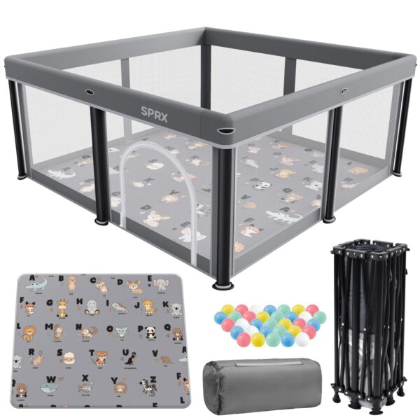 SPRX Laufstall Baby 127x127 cm – Faltbarer Sicherheitslaufstall mit Alphabetmatte & Ozeanbällen