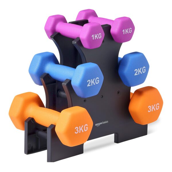 Amazon Basics Neopren Hanteln 3er-Set (1–3 kg) – Gewichte mit Ständer für effektives Training