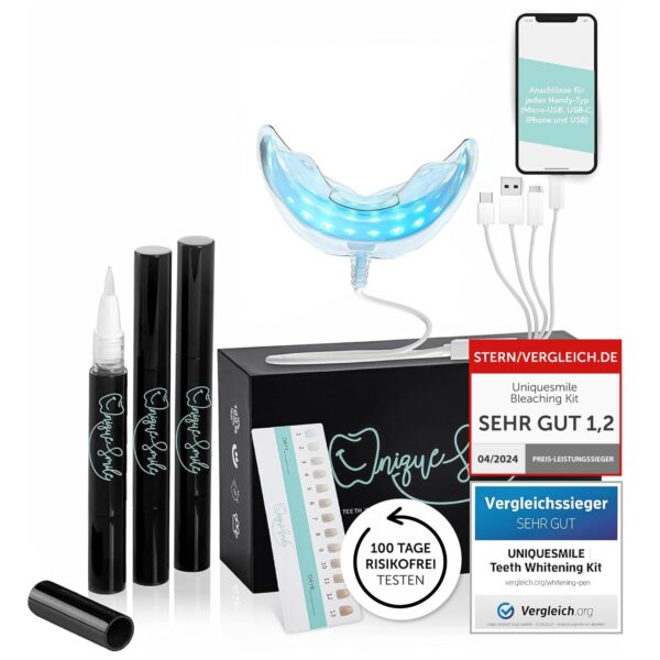 UniqueSmile Teeth Whitening Kit – Zahnaufhellung mit LED & Gelformel für strahlend weisse Zähne