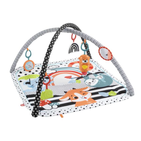 Fisher-Price Tierfreunde Kontrast-Spieldecke – 3-in-1 Spielbogen mit Musik & Licht ab Geburt