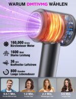 DMTIVMG Ionen Haartrockner mit 160.000 U/min & 500 Mio. negativen Ionen – 12 Modi, Magnetdüse, leiser Hochgeschwindigkeits-Föhn – Bild 3