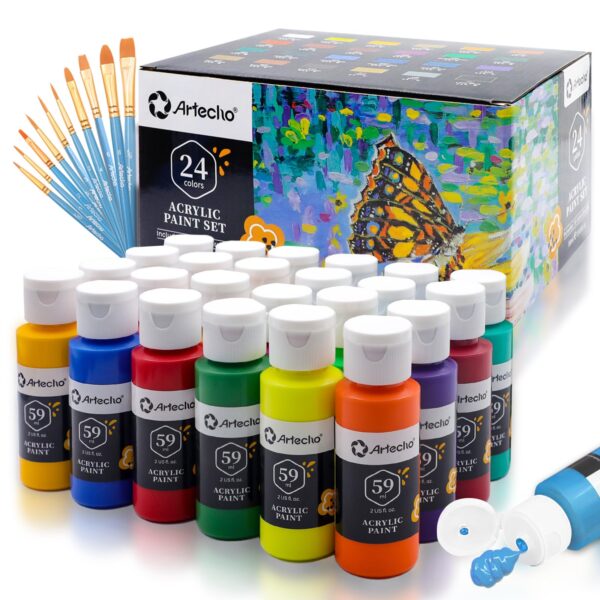 Artecho Acrylfarben Set 24 x 59ml mit 10 Pinseln – Lichtechtfarben für alle Untergründe