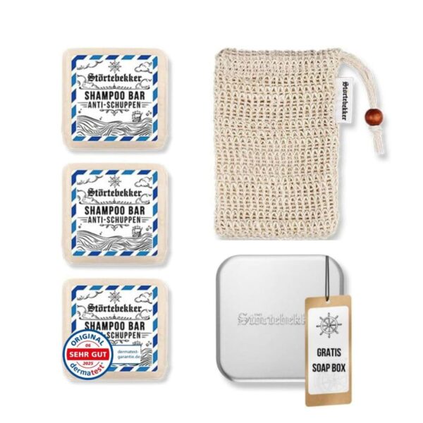 Störtebekker Premium Shampoo-Set (3er) – Festes Anti-Schuppen Haarshampoo mit Sisalsäckchen & Aluminium-Box