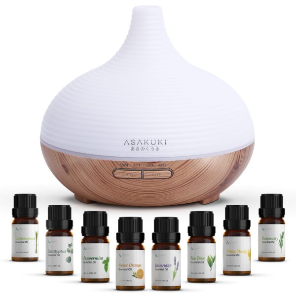 ASAKUKI Aroma Diffuser 300ml mit 8 Ätherische Öle – Ultraschall Luftbefeuchter & Nachtlicht