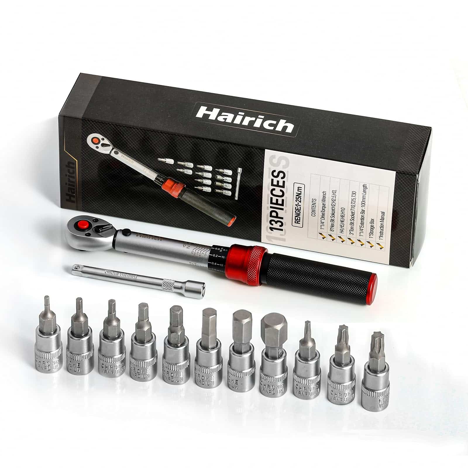 71FmpyTb-2L._SY1600_.jpg Hairich Drehmomentschlüssel Fahrrad 1/4 Zoll, 1-25Nm, 13-Teiliges Klein Torque Wrench Set, 72 Zähne Umschaltknarre, Ratschenkasten inkl. 10 cm Verlängerungsstange, Innensechskant und Torx Bits – Bild 1