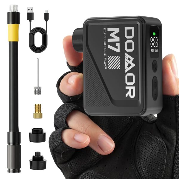 DOMOR Elektrische Fahrradpumpe 120 PSI – Intelligente Mini-Pumpe mit Auto Stop für alle Ventile