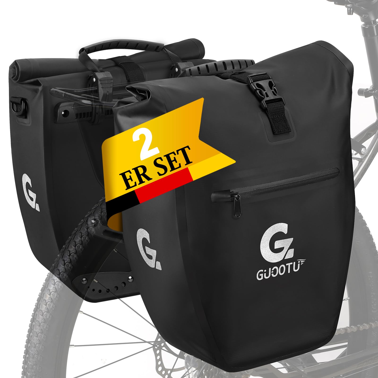71FxCViI7kL._SY1600_.jpg GUOOTU 2er Set Fahrradtasche 64L Gepäckträger – Wasserdicht mit Reflektoren – Bild 1