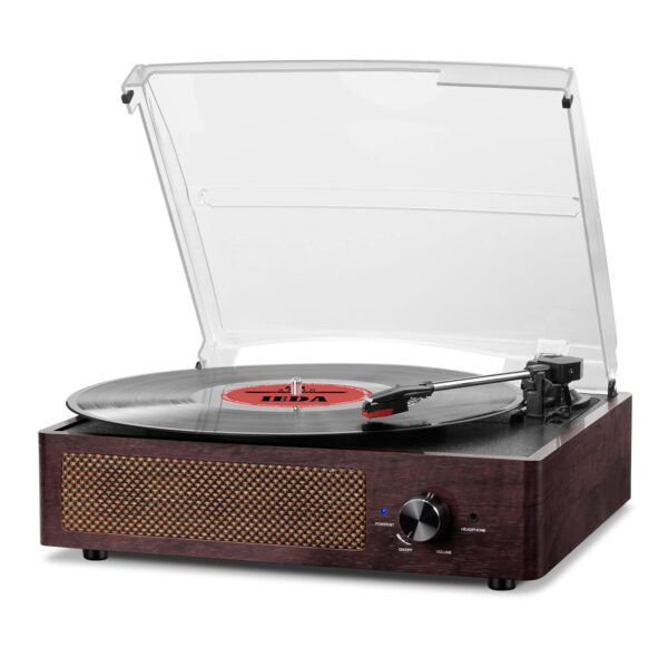 Mersoco Bluetooth Plattenspieler mit 3-Gang & Holzdesign – Tragbarer Vinyl-Player