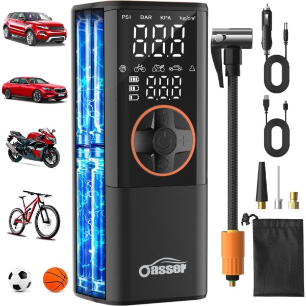 Oasser Elektrische Luftpumpe 6000mAh – Tragbarer Kompressor mit Dualer Anzeige für Auto, Motorrad & Fahrrad
