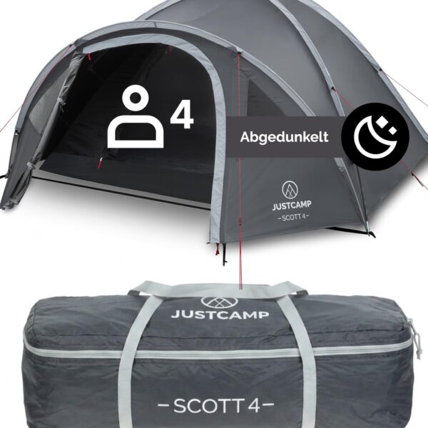 JUSTCAMP Scott 4 Dark – Kuppelzelt für 4 Personen mit Lichtschutz & Vorraum