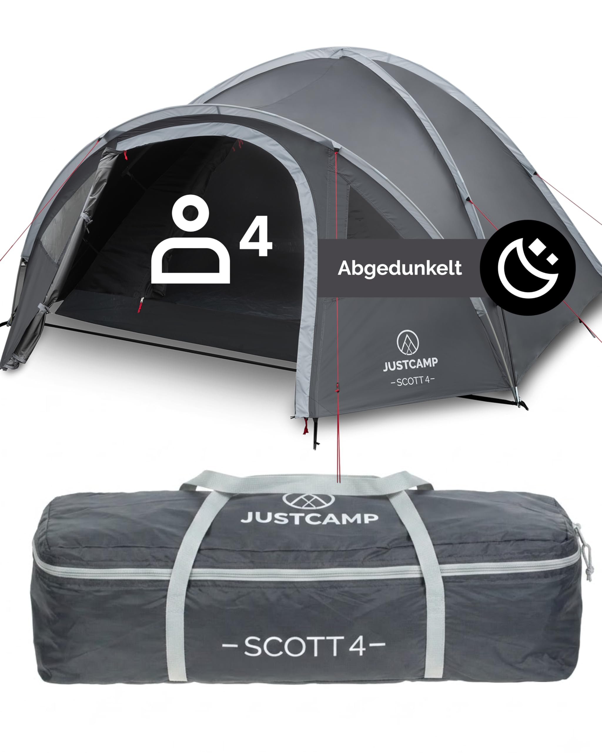 71HOJaQ3ndL._SY2560_.jpg JUSTCAMP Scott 4 Dark – Kuppelzelt für 4 Personen mit Lichtschutz & Vorraum – Bild 1