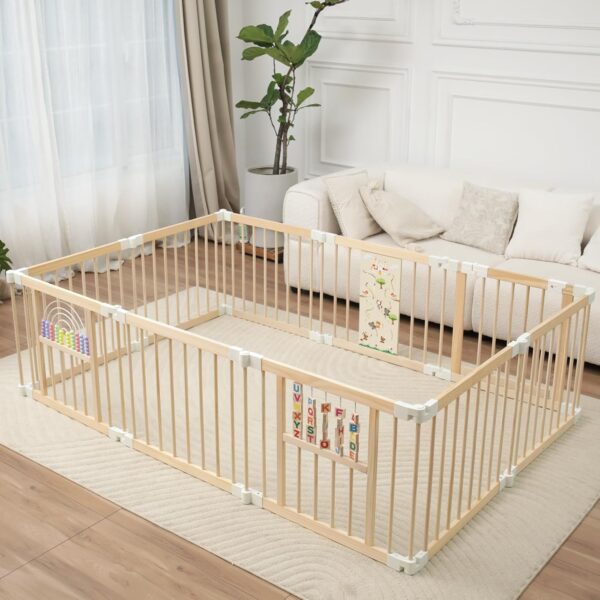 FUN KEKEKE Holz-Laufstall faltbar 214×141×61 cm – Sicherer Spielbereich für Babys 1–3 Jahre