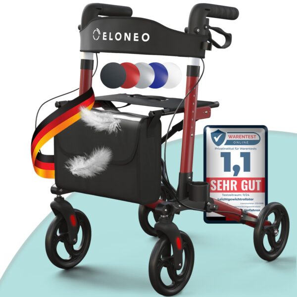 ELONEO Aluminium-Rollator faltbar mit Sitz – Leichtgewicht-Gehhilfe für mobile Senioren
