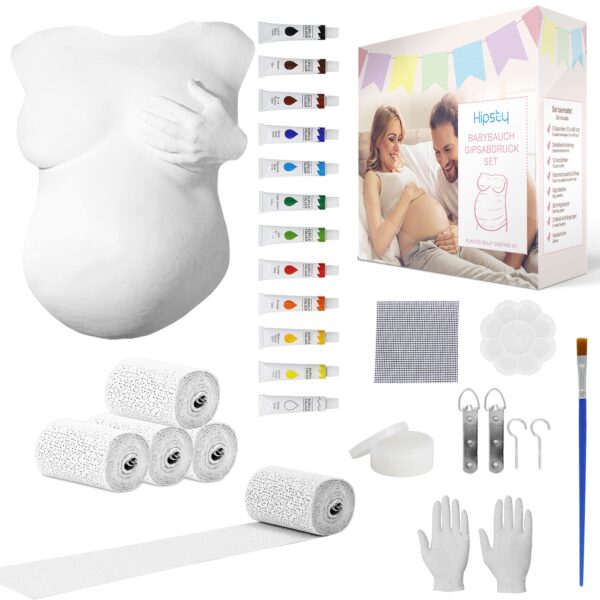 Hipsty Gipsabdruck Babybauch Set – 23m Gipsbinden mit 12 Acrylfarben & Zubehör