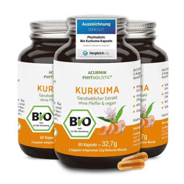 Bio Kurkuma Kapseln Phytholistic – 300 mg Curcuminoide – 40x höhere Bioverfügbarkeit