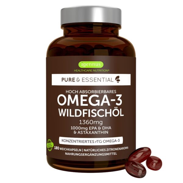 Igennus Omega-3 Wildfischöl 1360mg mit Astaxanthin – 1000mg EPA & DHA in rTG-Form