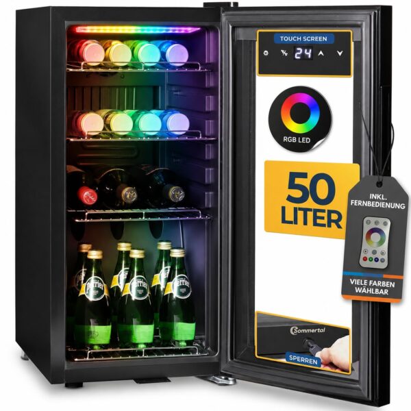 Sommertal Getränkekühlschrank GK50 50L – Glastür mit RGB LED, Touchscreen & Kindersicherung