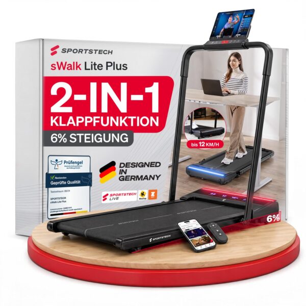 Sportstech sWalk Lite Plus – 2-in-1 Klappbares Laufband bis 12 km/h mit App-Steuerung