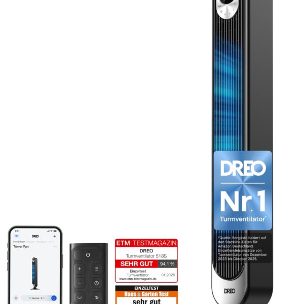 DREO Smart Turmventilator 20dB – Leiser DC Motor mit Sprachsteuerung & App-Kontrolle