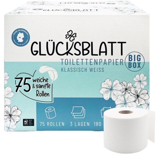 Glücksblatt Toilettenpapier 75er Box, 3-lagig – Premium Klopapier aus Deutschland
