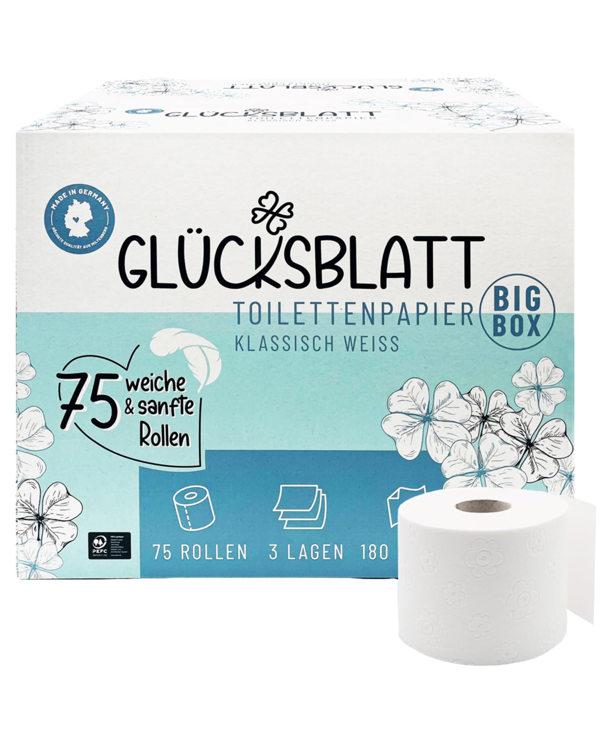 71Mw6idPb0L._SY2500_.jpg Glücksblatt Toilettenpapier 75er Box, 3-lagig – Premium Klopapier aus Deutschland – Bild 1
