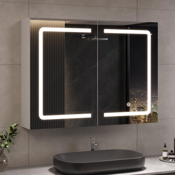 DICTAC Badezimmerspiegelschrank 80x60x16 cm – LED-Beleuchtung & Steckdose mit Sensortaste