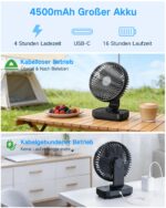 ArsMotin Akku-Tischventilator mit Oszillation – Leise 30 dB, 4500mAh, USB-C für Büro & Zuhause – Bild 6