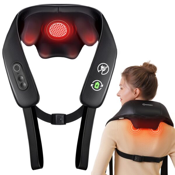 KNQZE 4D Shiatsu Nackenmassagegerät mit Graphenheizung & Wärme – Kabellos für Nacken, Schulter & Rücken