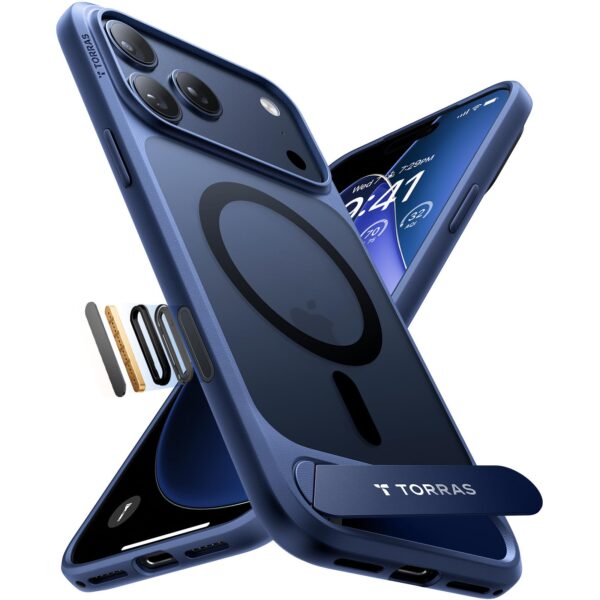 TORRAS Ostand L1 iPhone 17 Pro Hülle mit MagSafe & Titan-Ständer – Militärschutz Matt Blau